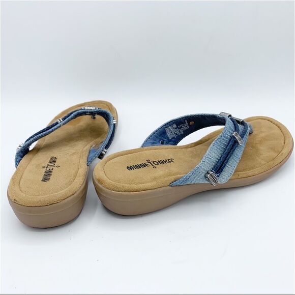 Minnetonka Chambray Silverthrone Wedge Thong Sandals Sz 9 - Picture 9 of 13